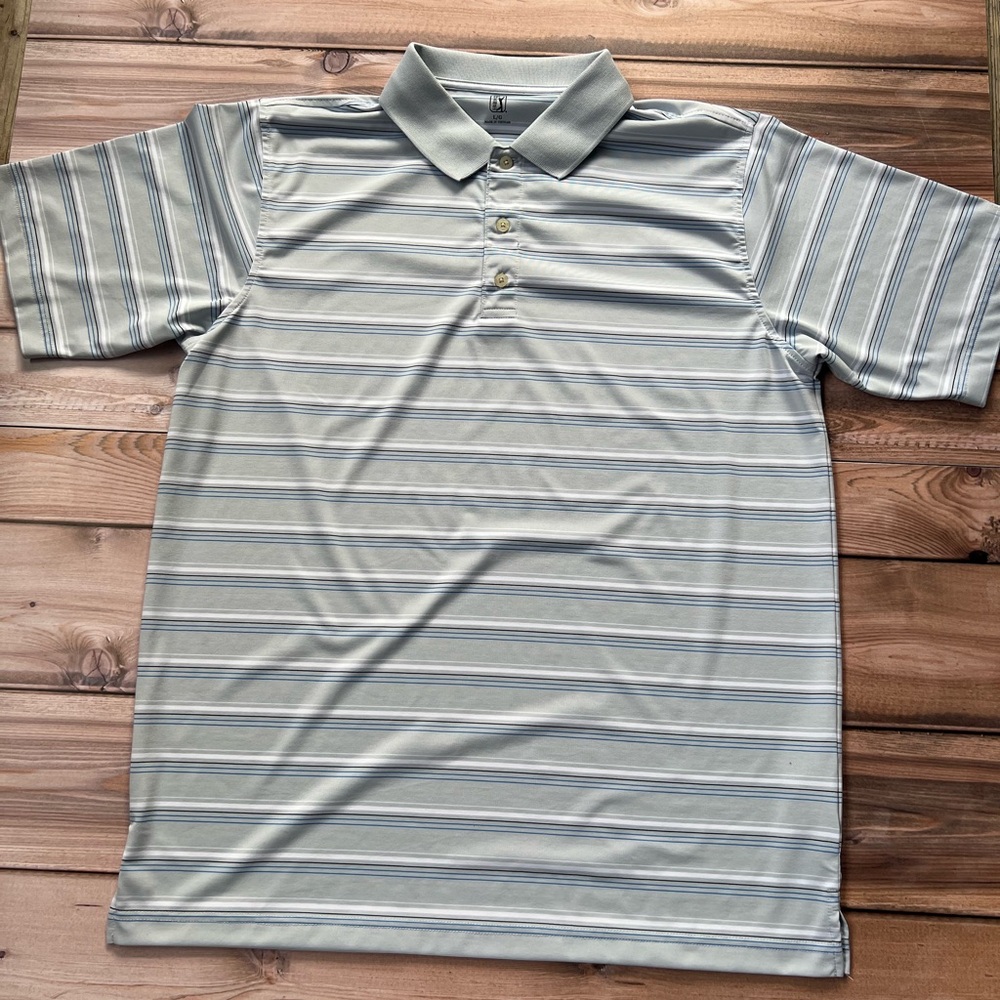 PGA Tour Men's Polo Shirt - Light Gray w/Blue and White Stripes